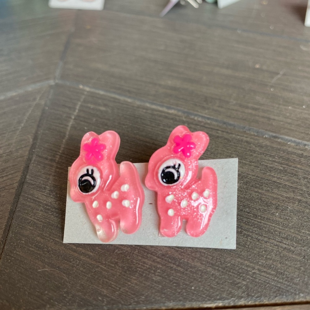 Pink glitter deer Bambi earrings